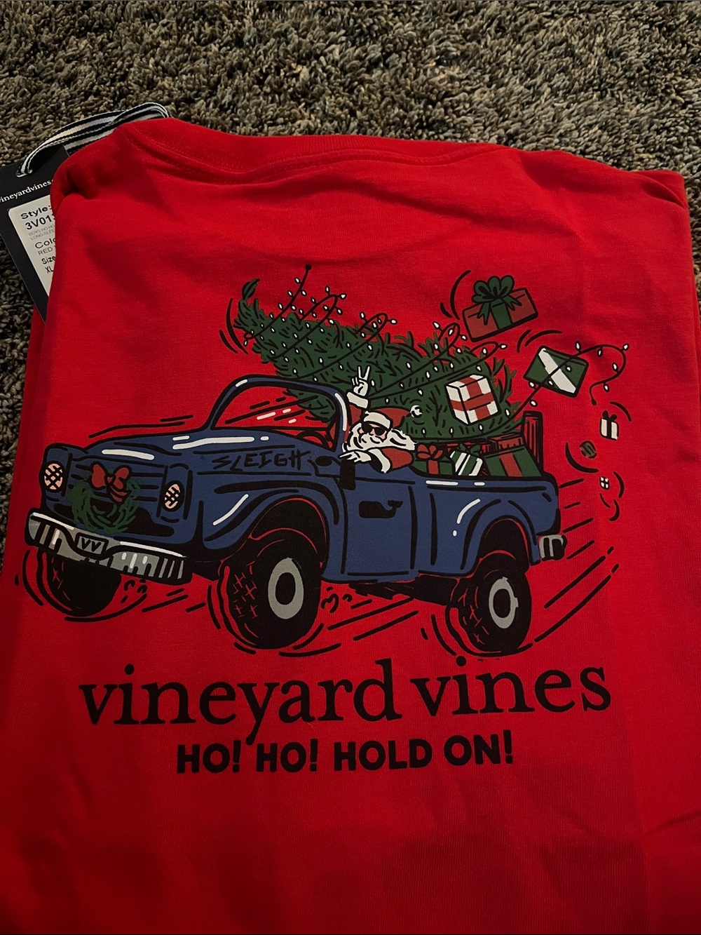 Vineyard Vines Red Long-Sleeve Tee with Blue Holiday Truck & Santa. New. XL boy